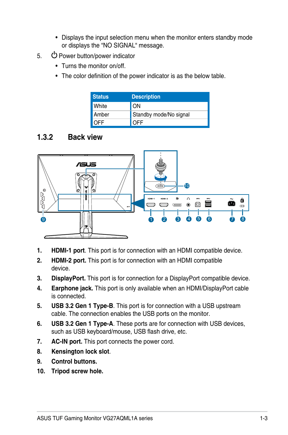 2 back view, 3 gameplus function | Asus 27" TUF Gaming 1440p 260 Hz Monitor User Manual | Page 12 / 33