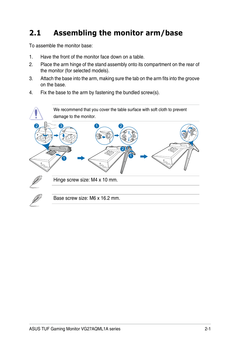 Chapter 2: setup, 1 assembling the monitor arm/base, 2 adjusting the monitor | Asus 27" TUF Gaming 1440p 260 Hz Monitor User Manual | Page 14 / 33