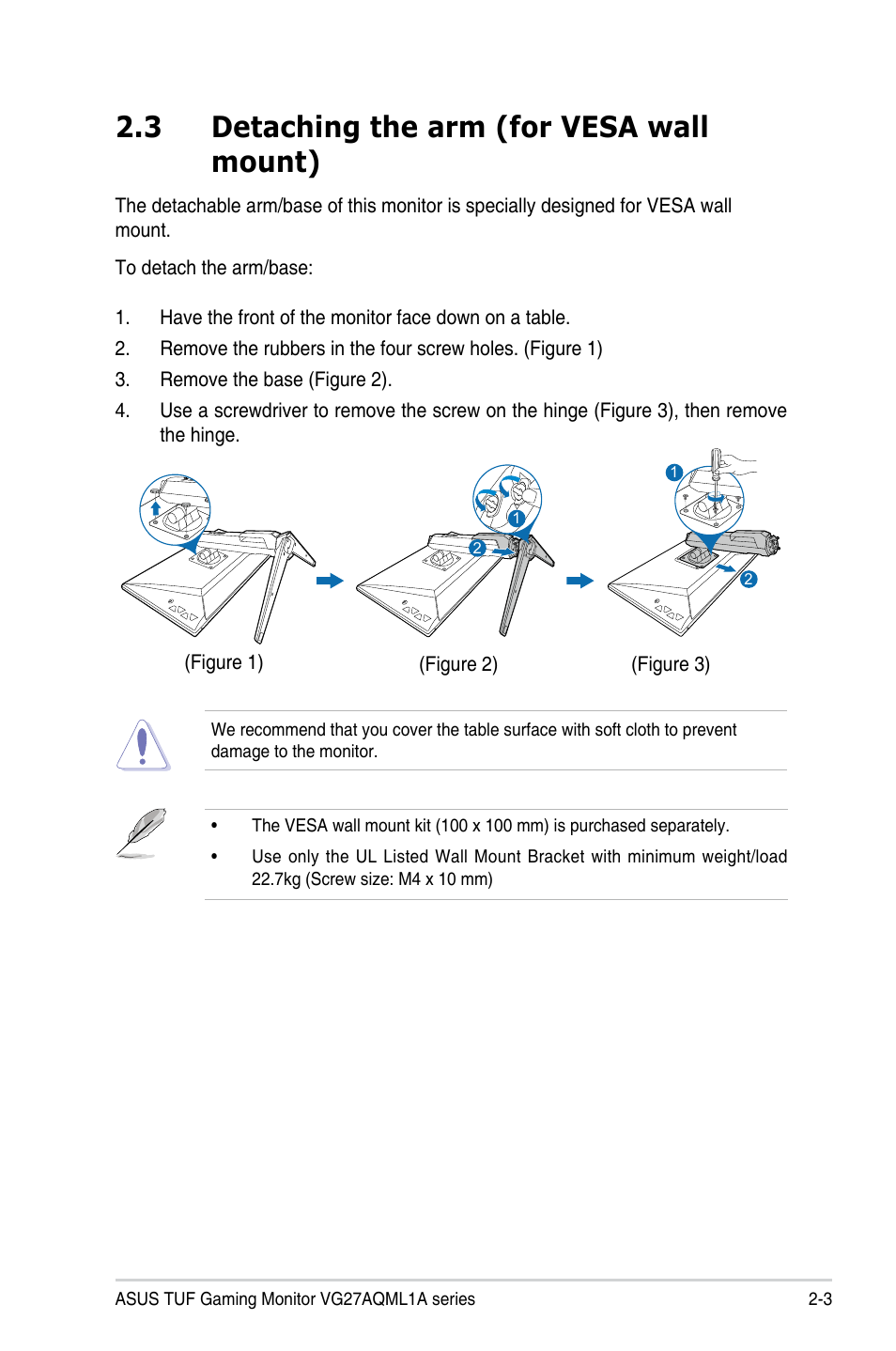 3 detaching the arm (for vesa wall mount) | Asus 27" TUF Gaming 1440p 260 Hz Monitor User Manual | Page 16 / 33