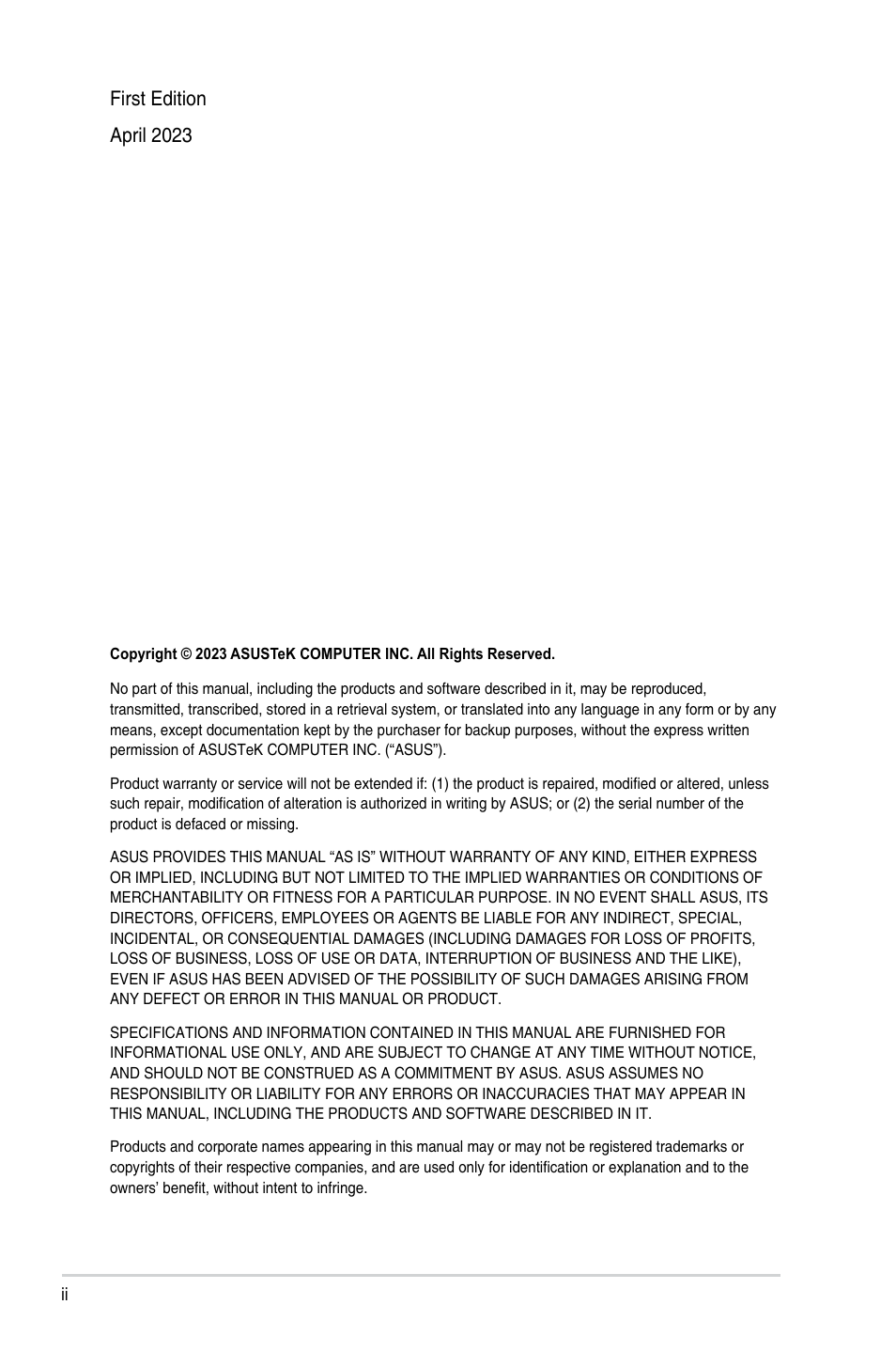 First edition april 2023 | Asus 27" TUF Gaming 1440p 260 Hz Monitor User Manual | Page 2 / 33