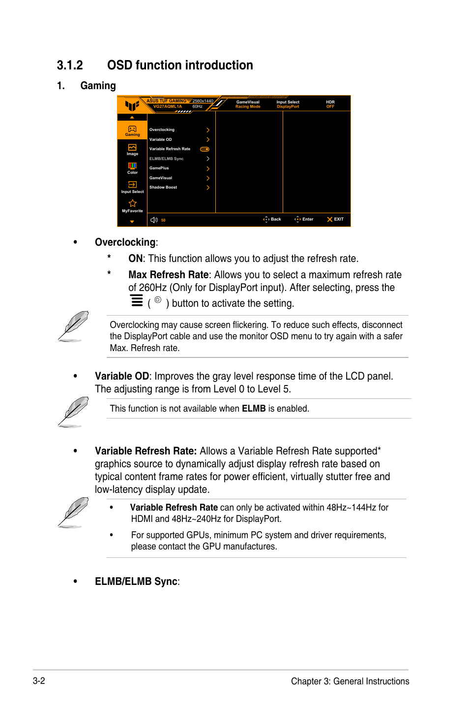 2 osd function introduction, Gaming, Elmb/elmb sync | Asus 27" TUF Gaming 1440p 260 Hz Monitor User Manual | Page 21 / 33