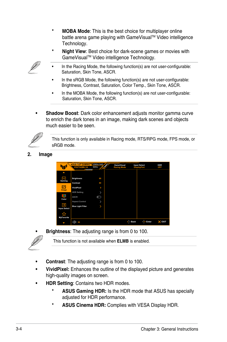 Video intelligence technology, Image, Brightness : the adjusting range is from 0 to 100 | Asus 27" TUF Gaming 1440p 260 Hz Monitor User Manual | Page 23 / 33