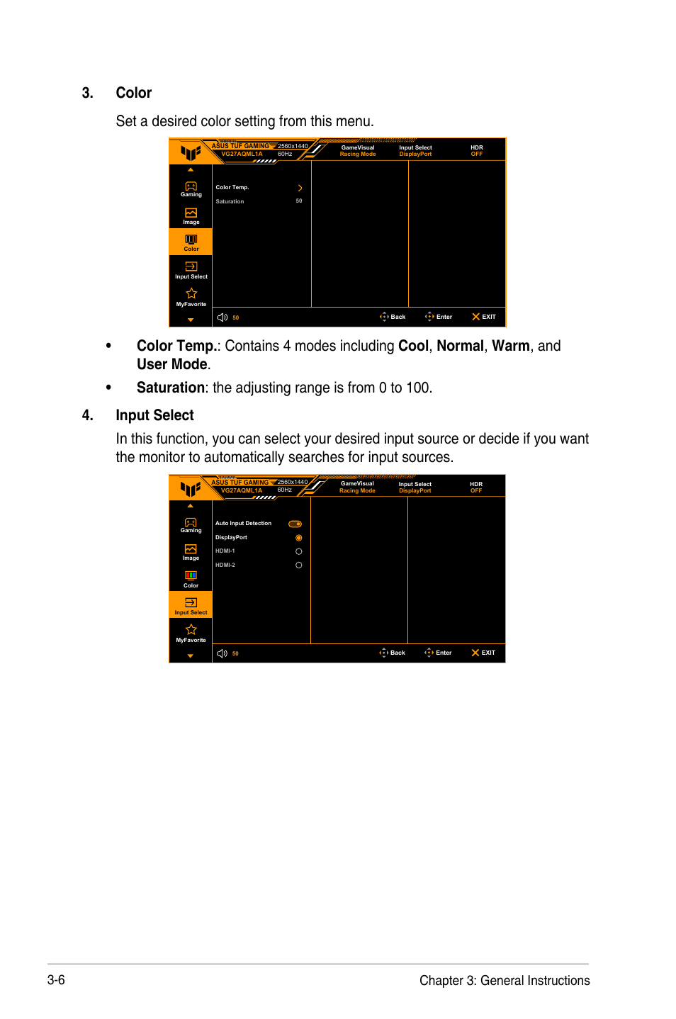 Color set a desired color setting from this menu, 6 chapter 3: general instructions | Asus 27" TUF Gaming 1440p 260 Hz Monitor User Manual | Page 25 / 33