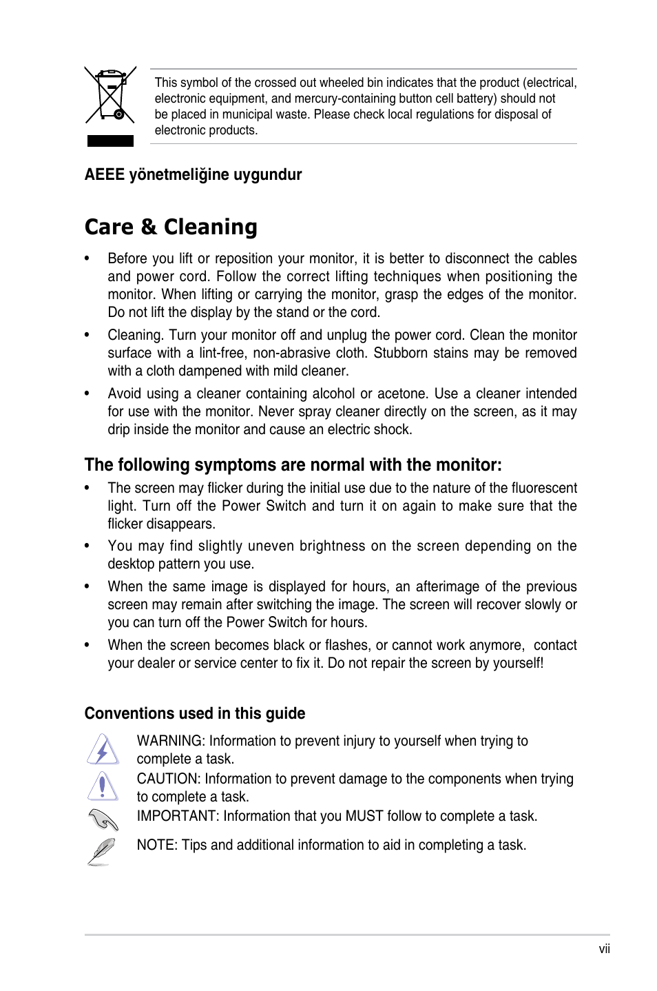 Care & cleaning, The following symptoms are normal with the monitor | Asus 27" TUF Gaming 1440p 260 Hz Monitor User Manual | Page 7 / 33