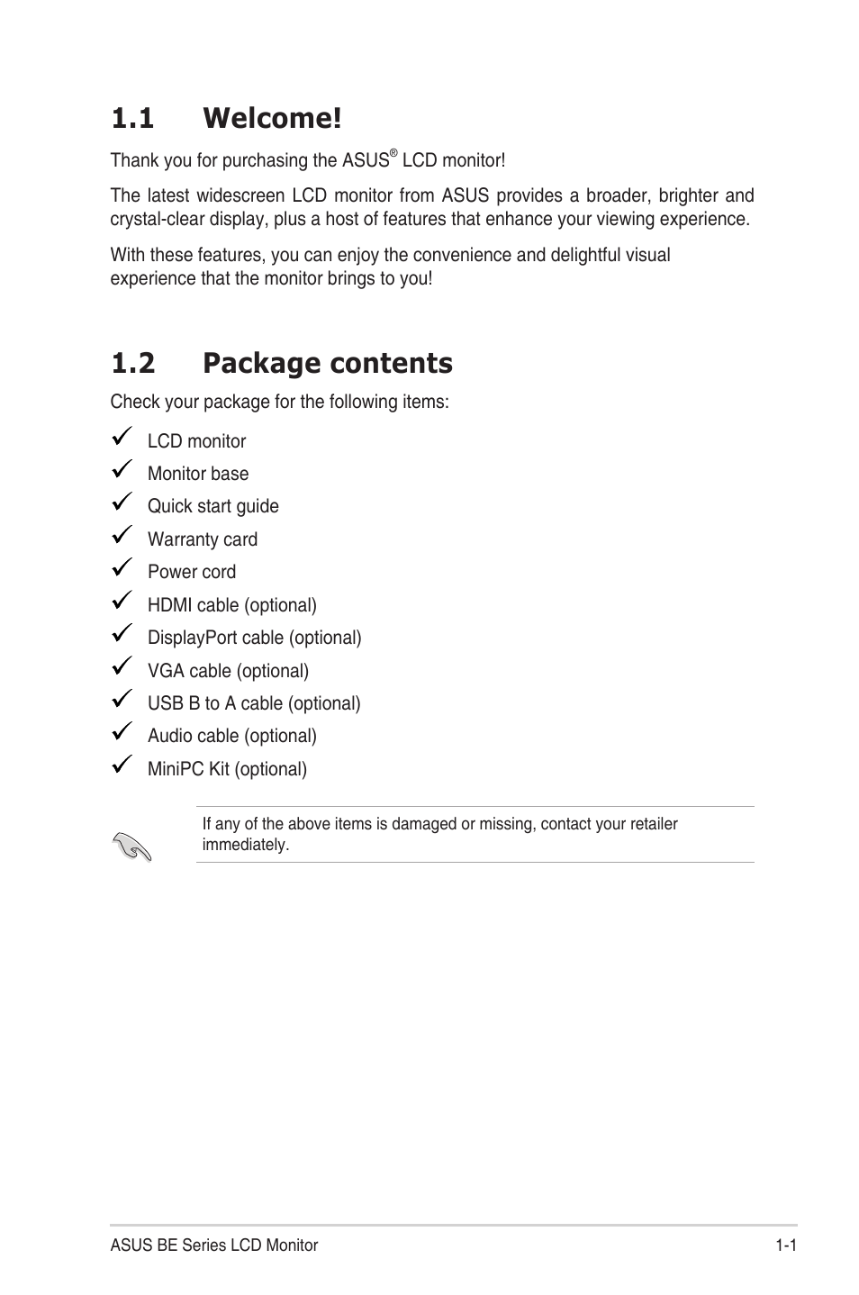 Chapter 1: product introduction, 1 welcome, 2 package contents | Chapter.1:.....product.introduction, Welcome! -1, Package.contents -1 | Asus BE24EQK 23.8" 16:9 IPS Business Monitor with Webcam User Manual | Page 11 / 36
