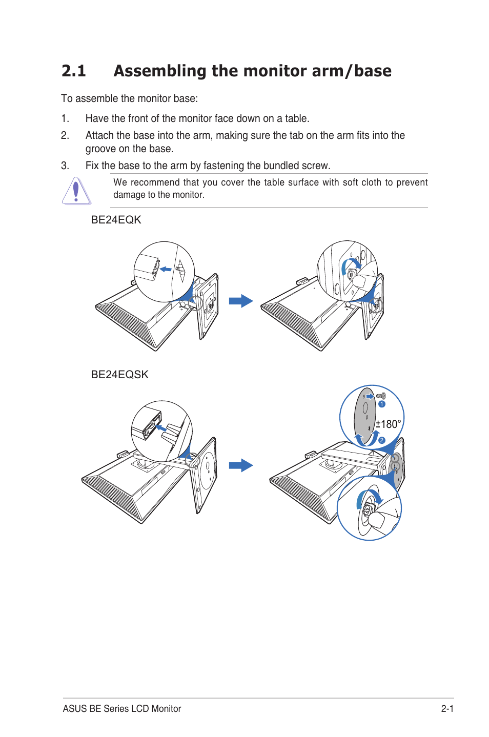 Chapter 2: setup, 1 assembling the monitor arm/base, Chapter.2:.....setup | Assembling.the.monitor.arm/base -1 | Asus BE24EQK 23.8" 16:9 IPS Business Monitor with Webcam User Manual | Page 15 / 36