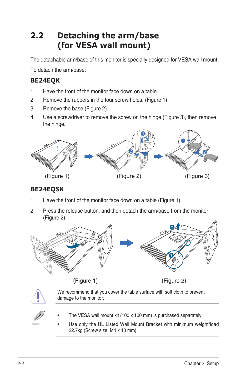 2 detaching the arm/base (for vesa wall mount), Detaching.the.arm/base.(for.vesa.wall.mount) -2 | Asus BE24EQK 23.8" 16:9 IPS Business Monitor with Webcam User Manual | Page 16 / 36