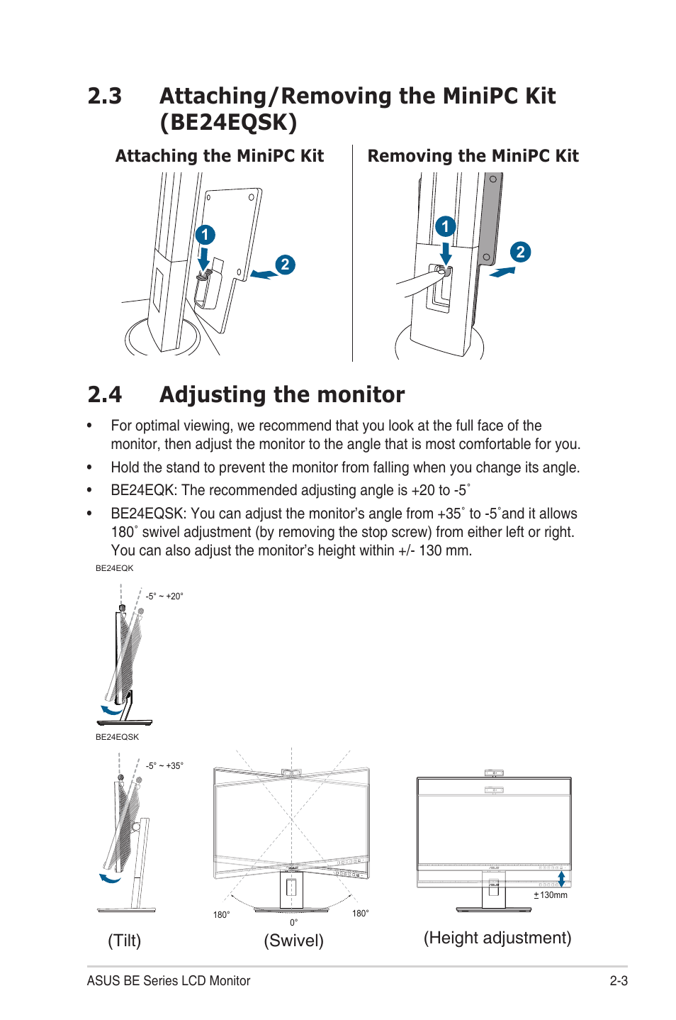 3 attaching/removing the minipc kit (be24eqsk), 4 adjusting the monitor, Attaching/removing.the.minipc.kit.(be24eqsk) -3 | Adjusting.the.monitor -3 | Asus BE24EQK 23.8" 16:9 IPS Business Monitor with Webcam User Manual | Page 17 / 36