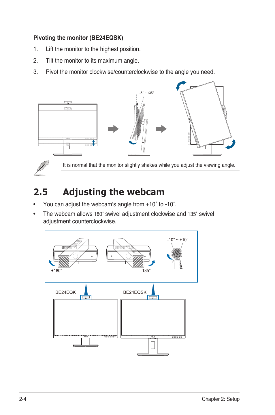 5 adjusting the webcam, Adjusting.the.webcam -4 | Asus BE24EQK 23.8" 16:9 IPS Business Monitor with Webcam User Manual | Page 18 / 36