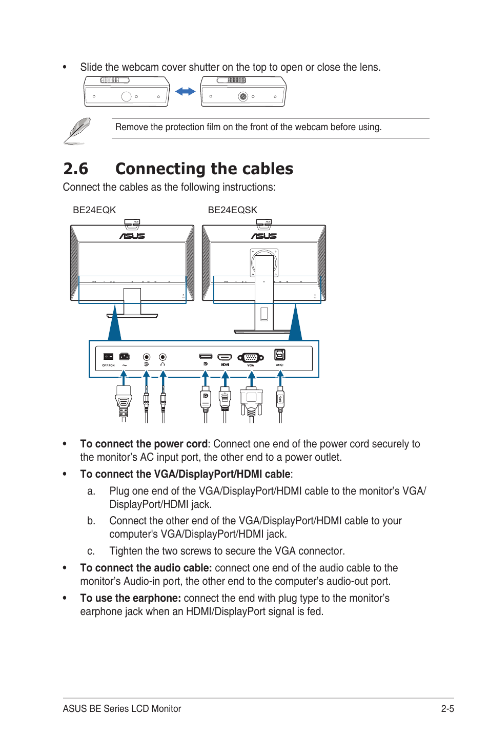 6 connecting the cables, Connecting.the.cables -5 | Asus BE24EQK 23.8" 16:9 IPS Business Monitor with Webcam User Manual | Page 19 / 36