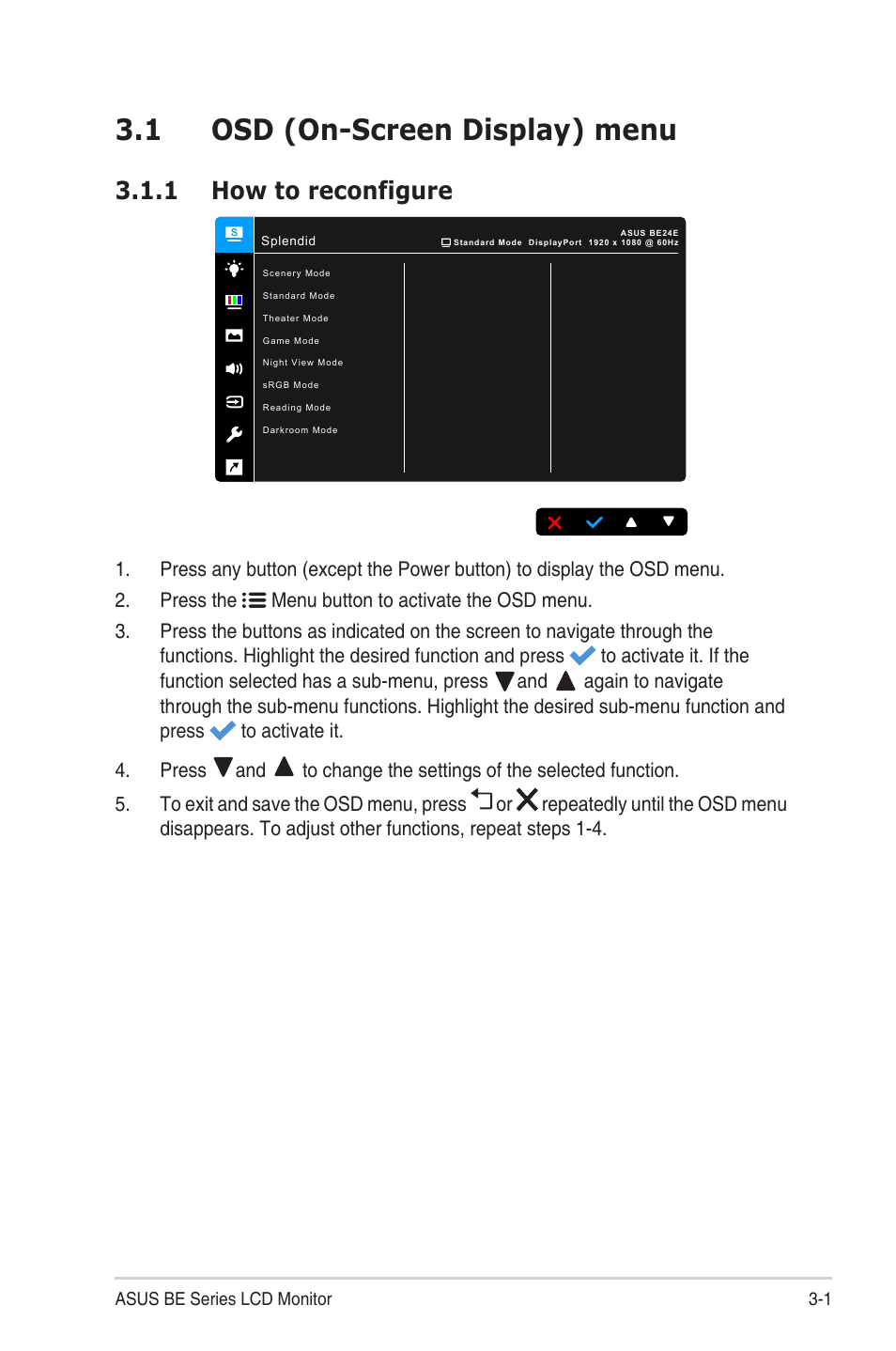 Chapter 3: general instructions, 1 osd (on-screen display) menu, 1 how to reconfigure | Chapter.3:.....general.instructions, Osd.(on-screen.display).menu -1, How to reconfigure -1 | Asus BE24EQK 23.8" 16:9 IPS Business Monitor with Webcam User Manual | Page 21 / 36