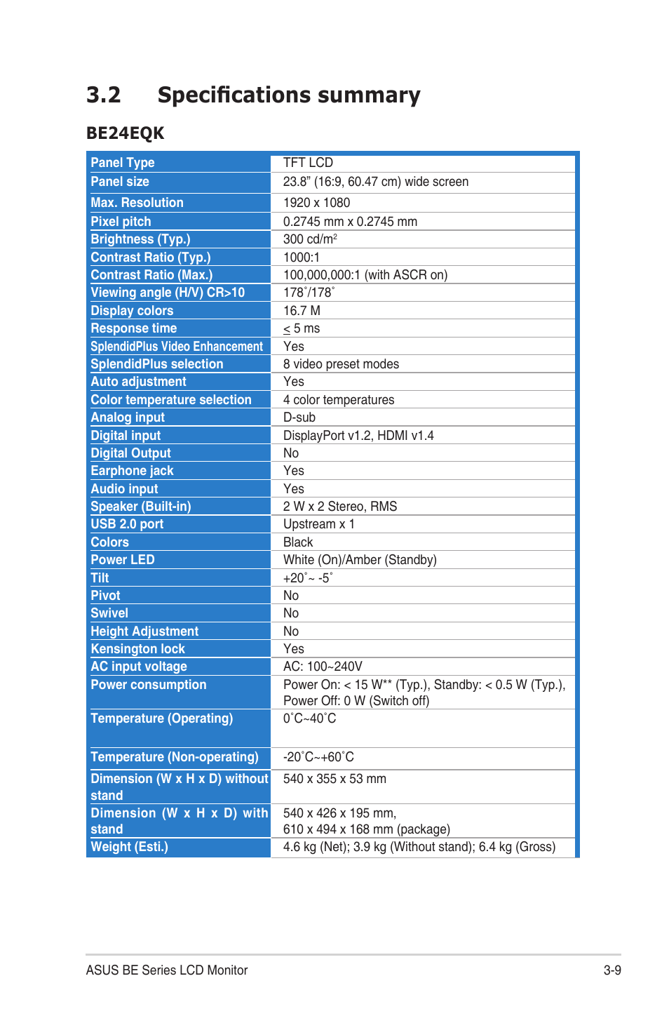 2 specifications summary, Specifications.summary -9, Be24eqk | Asus BE24EQK 23.8" 16:9 IPS Business Monitor with Webcam User Manual | Page 29 / 36