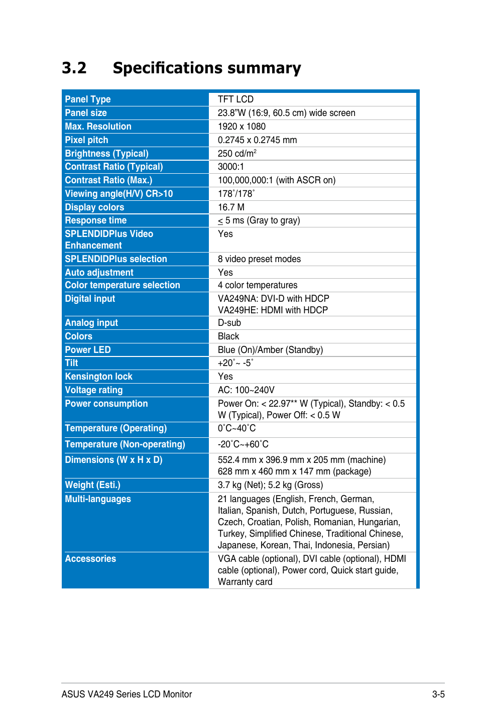 2 specifications summary, Specifications.summary -5 | Asus VA249HE 23.8" 16:9 LCD Monitor User Manual | Page 22 / 26