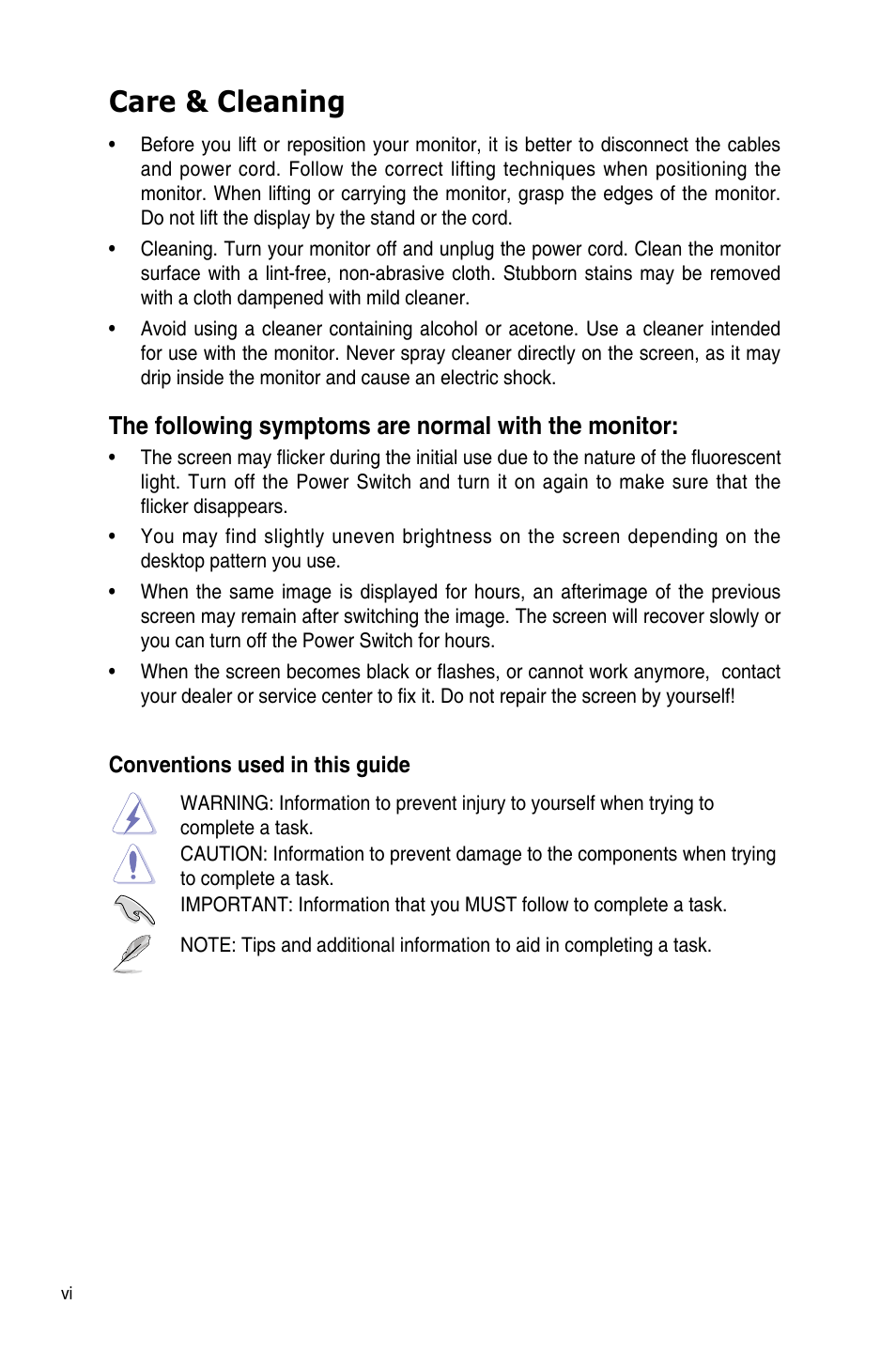 Care & cleaning, The.following.symptoms.are.normal.with.the.monitor | Asus VA249HE 23.8" 16:9 LCD Monitor User Manual | Page 6 / 26