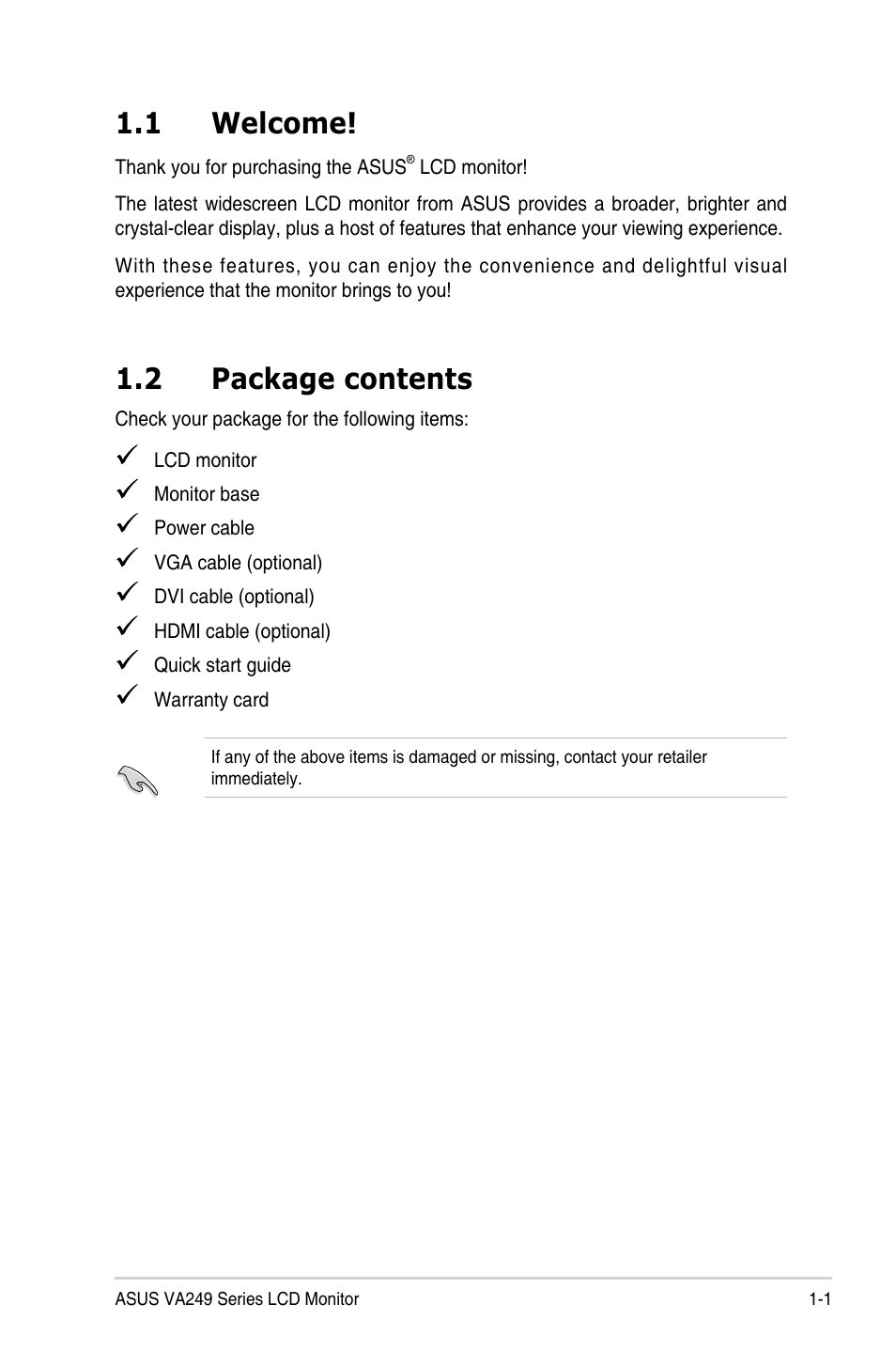 1 welcome, 2 package contents, Chapter.1:.....product.introduction | Welcome! -1, Package.contents -1 | Asus VA249HE 23.8" 16:9 LCD Monitor User Manual | Page 9 / 26