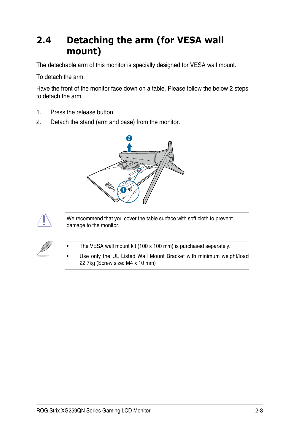 4 detaching the arm (for vesa wall mount), Detaching the arm (for vesa wall mount) -3 | Asus Republic of Gamers Strix XG259QN 24.5" HDR 380 Hz Gaming Monitor User Manual | Page 15 / 32