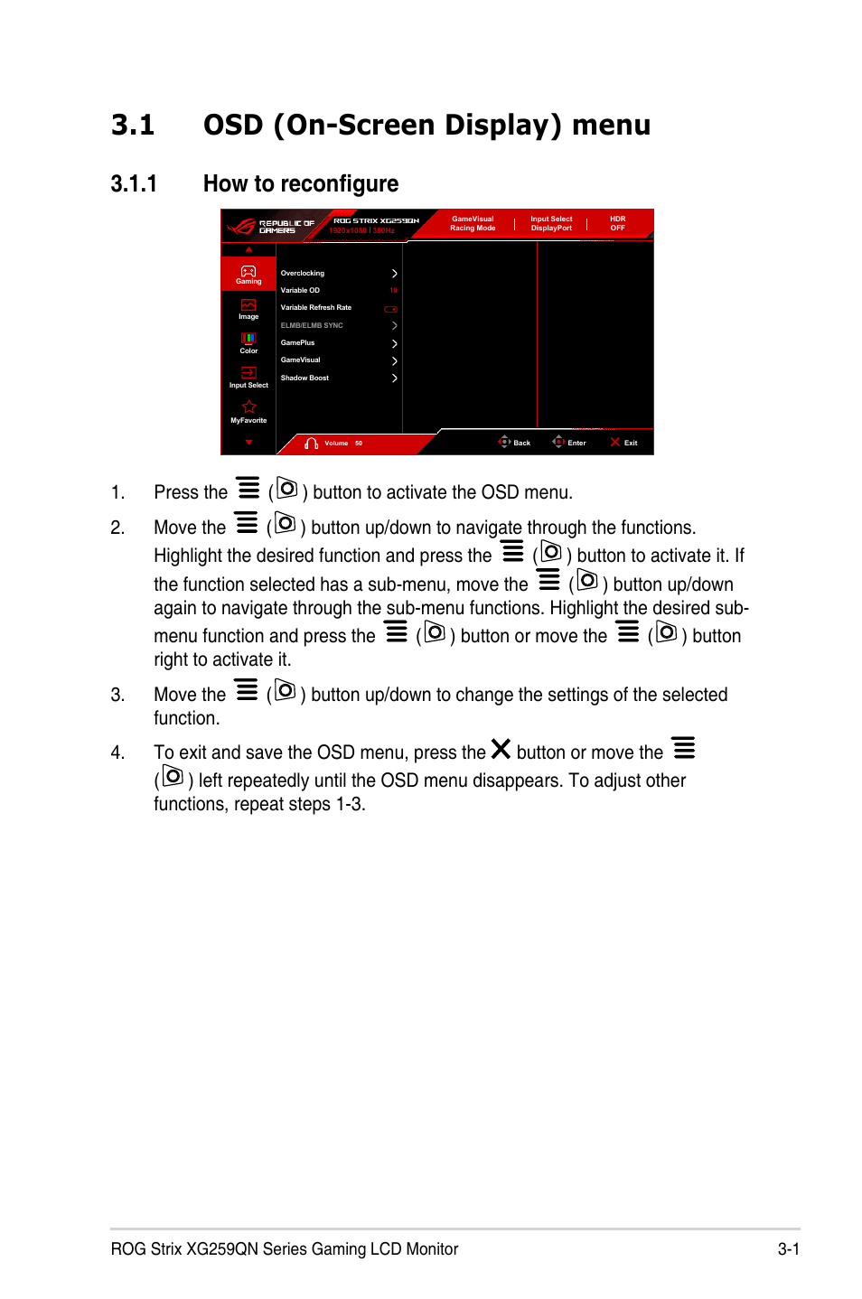 Chapter 3: general instructions, 1 osd (on-screen display) menu, 1 how to reconfigure | Osd (on-screen display) menu -1, How to reconfigure, 1 rog strix xg259qn series gaming lcd monitor | Asus Republic of Gamers Strix XG259QN 24.5" HDR 380 Hz Gaming Monitor User Manual | Page 19 / 32