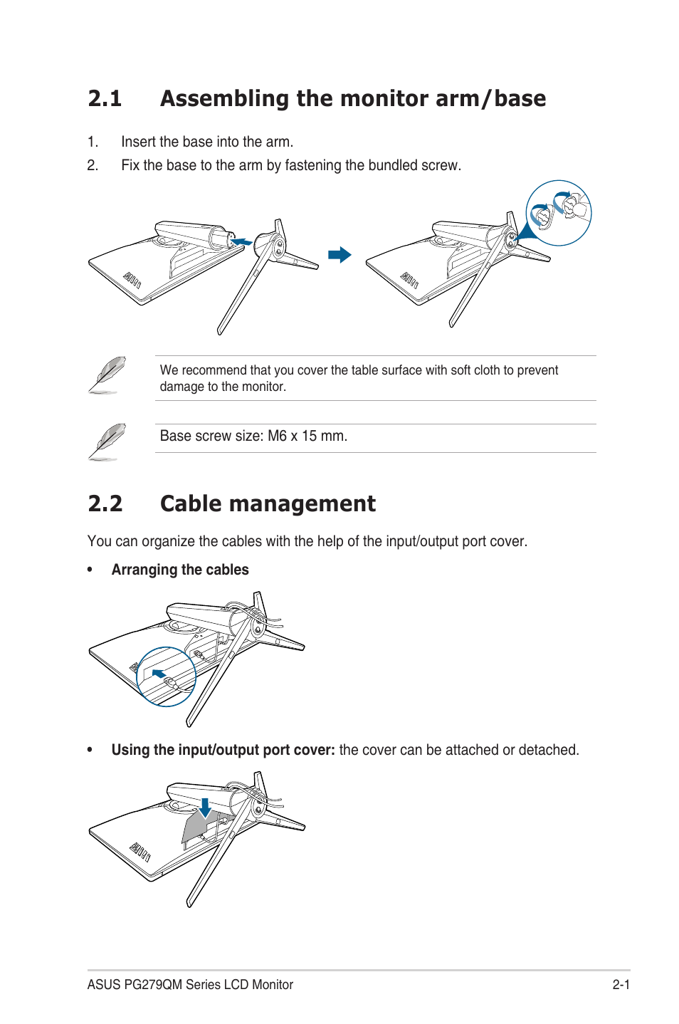 Chapter 2: setup, 1 assembling the monitor arm/base, 2 cable management | Assembling the monitor arm/base -1, Cable management -1 | Asus Republic of Gamers Swift PG279QM 27" 16:9 G-SYNC 240 Hz QHD HDR IPS Gaming Monitor User Manual | Page 15 / 33