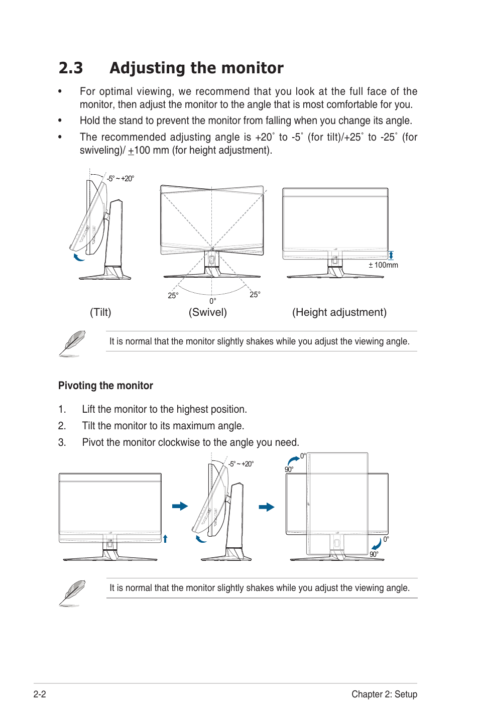 3 adjusting the monitor, Adjusting the monitor -2 | Asus Republic of Gamers Swift PG279QM 27" 16:9 G-SYNC 240 Hz QHD HDR IPS Gaming Monitor User Manual | Page 16 / 33