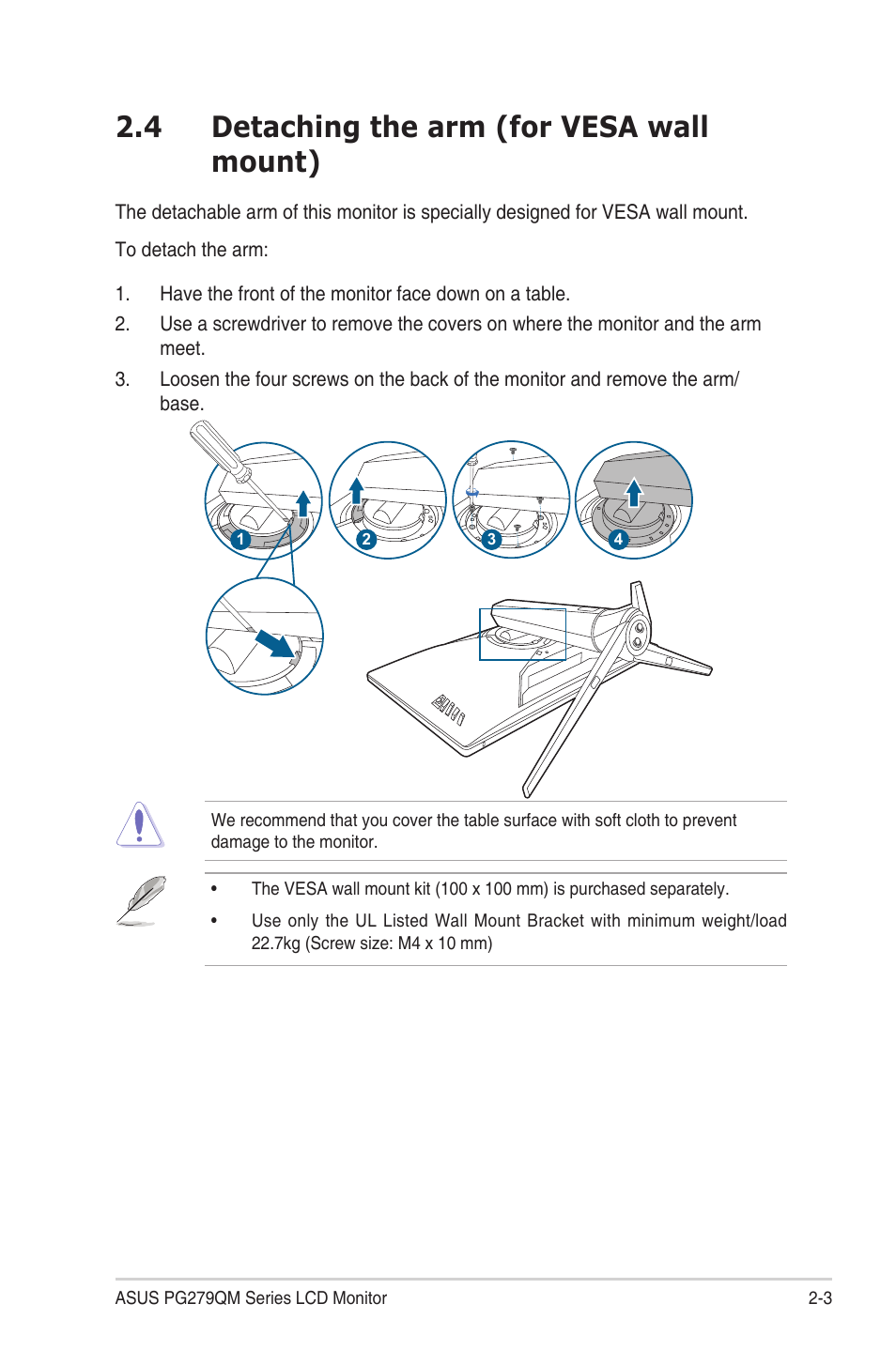 4 detaching the arm (for vesa wall mount), Detaching the arm (for vesa wall mount) -3 | Asus Republic of Gamers Swift PG279QM 27" 16:9 G-SYNC 240 Hz QHD HDR IPS Gaming Monitor User Manual | Page 17 / 33