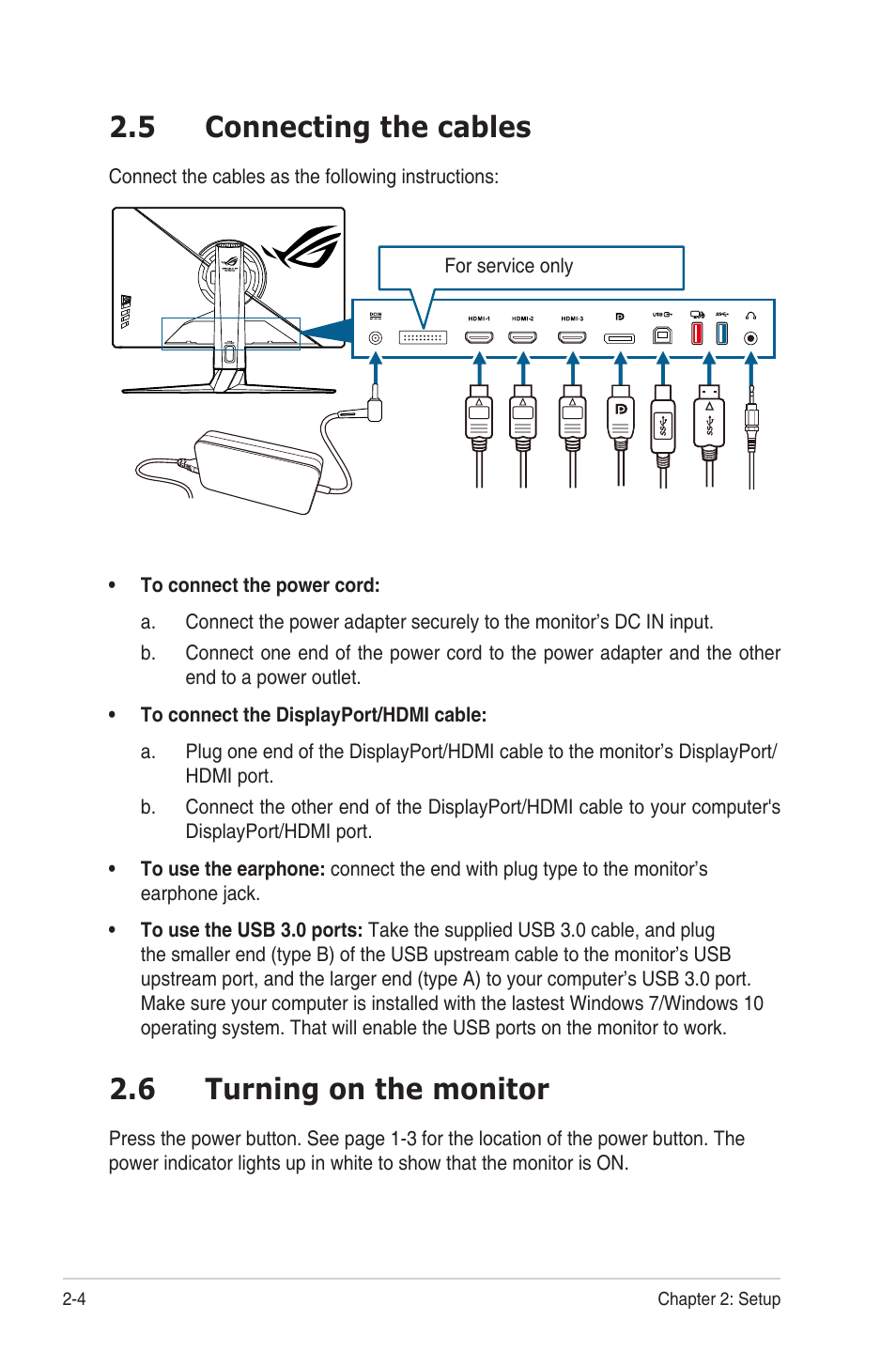 5 connecting the cables, 6 turning on the monitor, Connecting the cables -4 | Turning on the monitor -4 | Asus Republic of Gamers Swift PG279QM 27" 16:9 G-SYNC 240 Hz QHD HDR IPS Gaming Monitor User Manual | Page 18 / 33