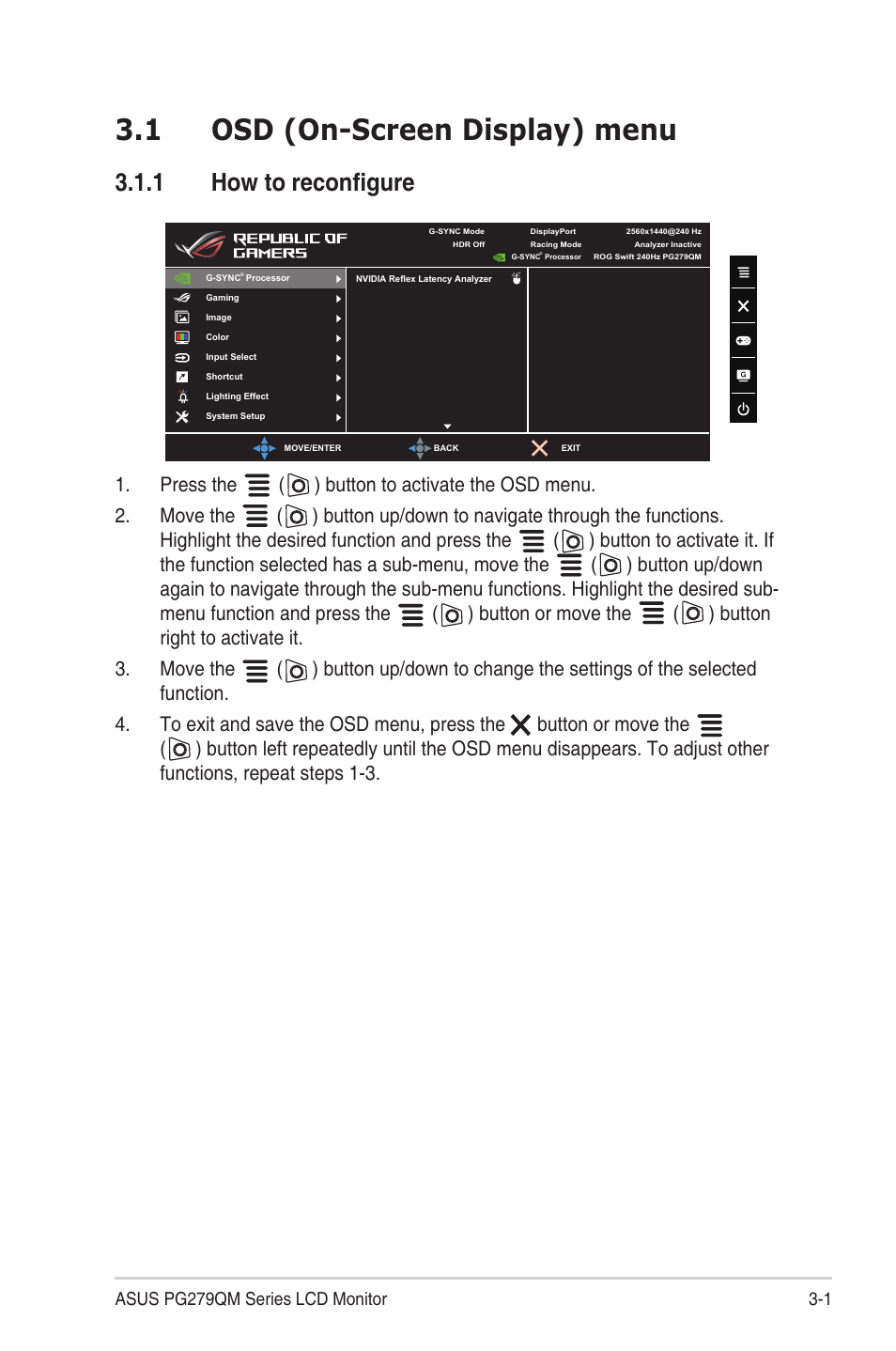 Chapter 3: general instructions, 1 osd (on-screen display) menu, 1 how to reconfigure | Osd (on-screen display) menu -1, How to reconfigure | Asus Republic of Gamers Swift PG279QM 27" 16:9 G-SYNC 240 Hz QHD HDR IPS Gaming Monitor User Manual | Page 19 / 33