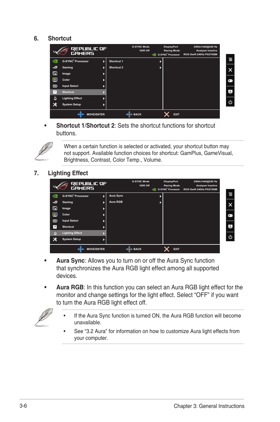 Shortcut, Lighting effect, 6 chapter 3: general instructions | Asus Republic of Gamers Swift PG279QM 27" 16:9 G-SYNC 240 Hz QHD HDR IPS Gaming Monitor User Manual | Page 24 / 33