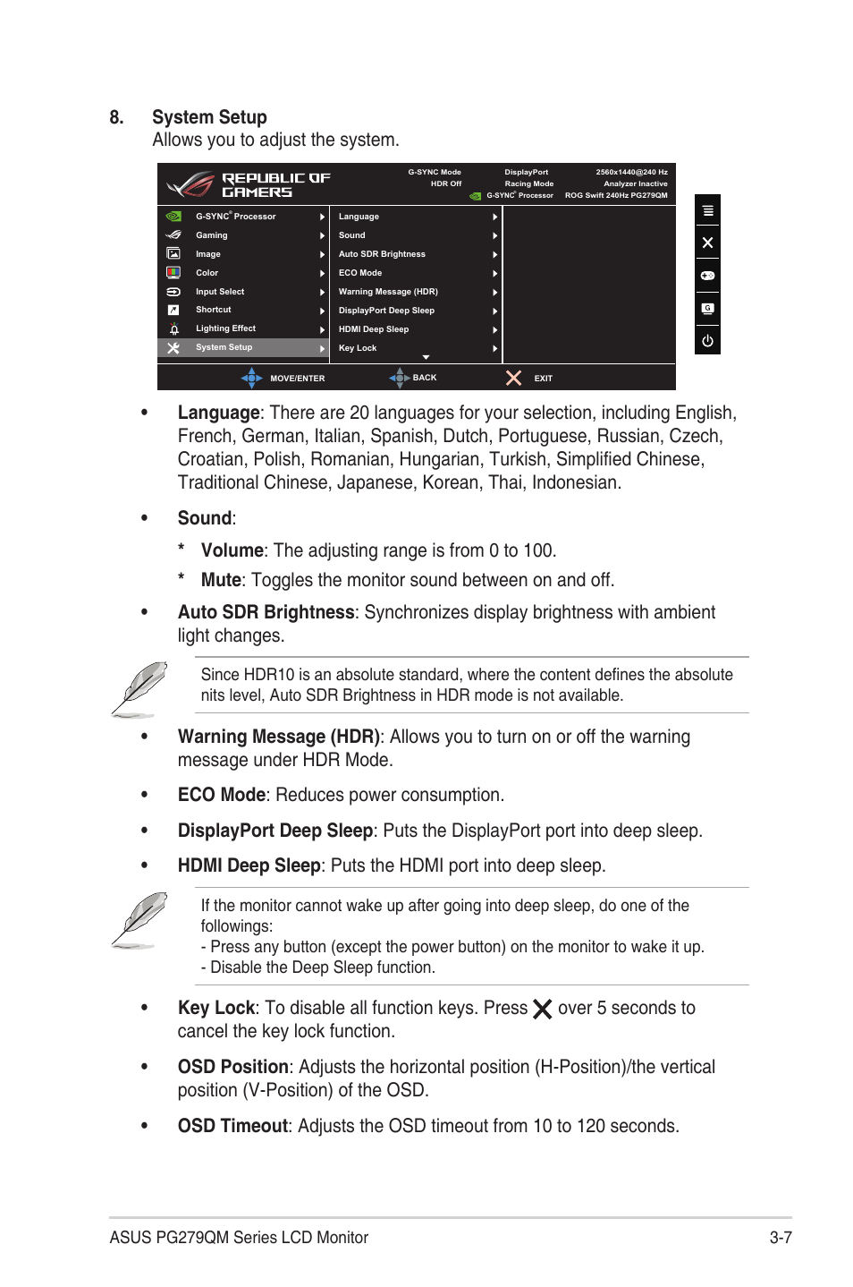 System setup allows you to adjust the system | Asus Republic of Gamers Swift PG279QM 27" 16:9 G-SYNC 240 Hz QHD HDR IPS Gaming Monitor User Manual | Page 25 / 33