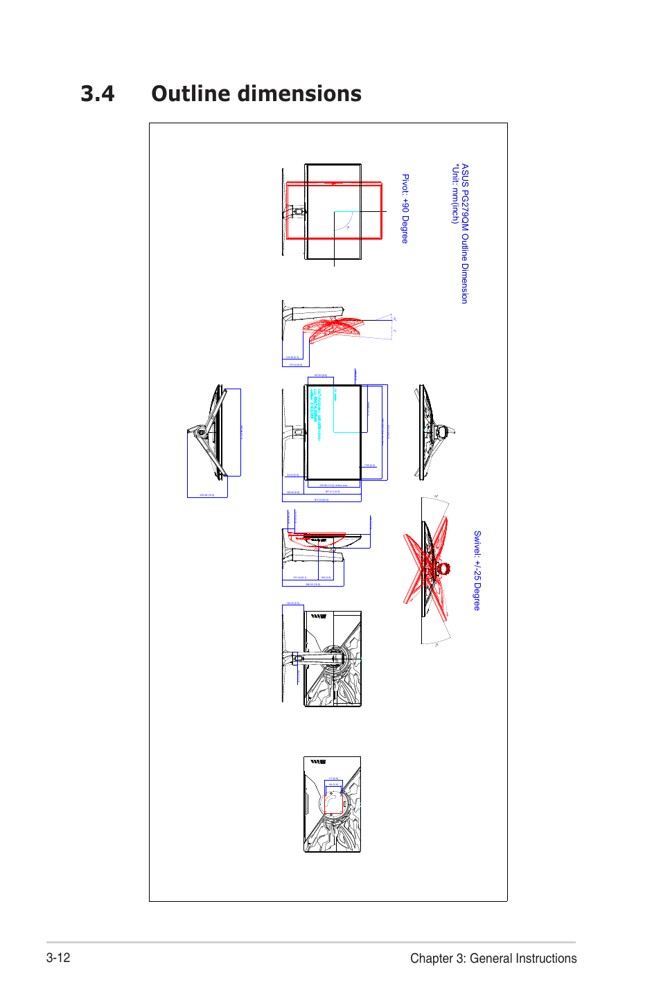 4 outline dimensions, Outline dimensions -12, 12 chapter 3: general instructions | Asus Republic of Gamers Swift PG279QM 27" 16:9 G-SYNC 240 Hz QHD HDR IPS Gaming Monitor User Manual | Page 30 / 33