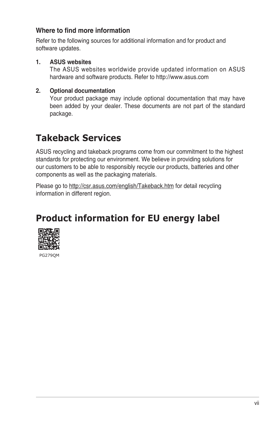 Takeback services, Product information for eu energy label | Asus Republic of Gamers Swift PG279QM 27" 16:9 G-SYNC 240 Hz QHD HDR IPS Gaming Monitor User Manual | Page 7 / 33