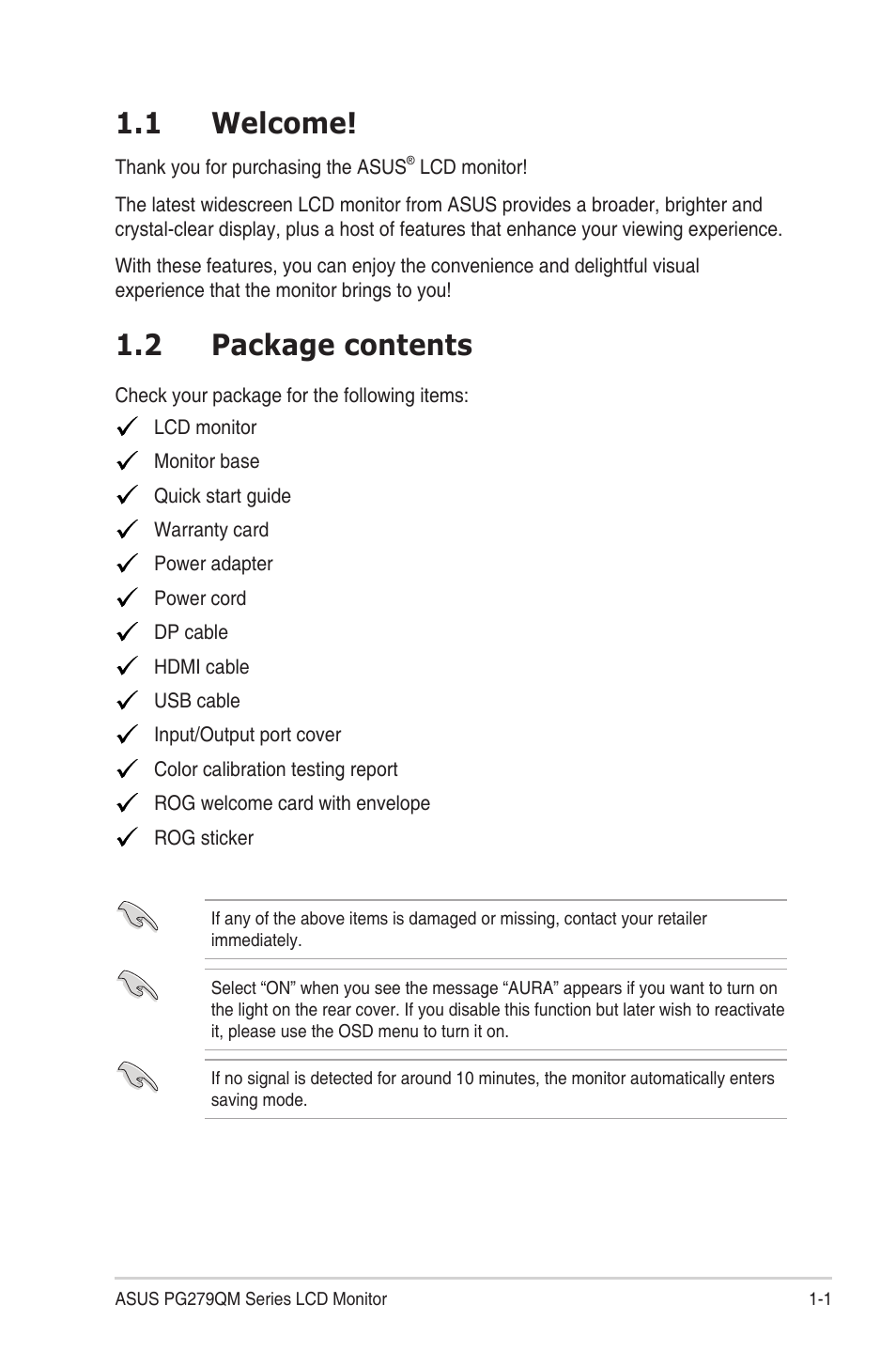 Chapter 1: product introduction, 1 welcome, 2 package contents | 1 welcome! -1 1.2, Package contents -1 | Asus Republic of Gamers Swift PG279QM 27" 16:9 G-SYNC 240 Hz QHD HDR IPS Gaming Monitor User Manual | Page 9 / 33