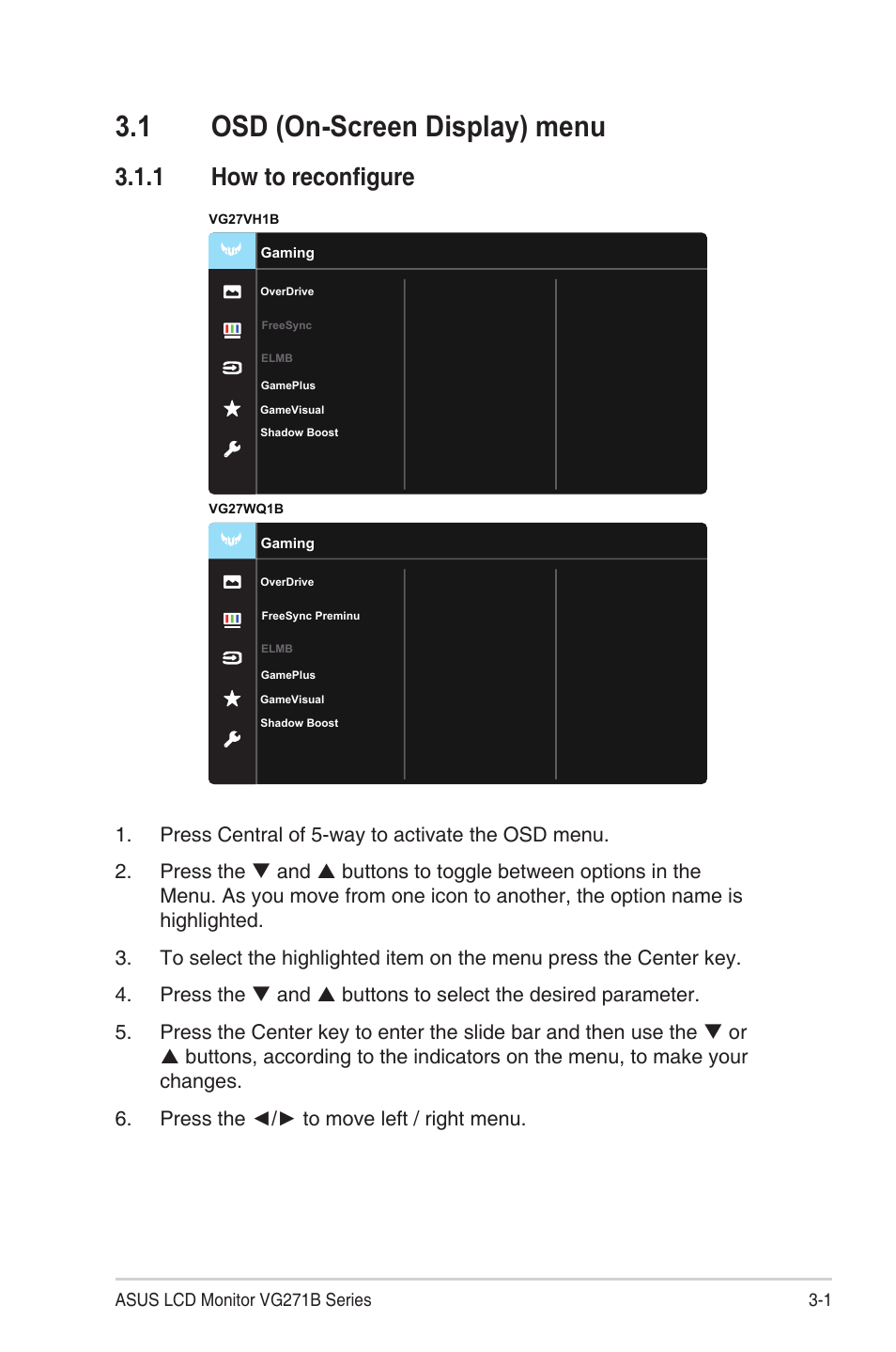 1 osd (on-screen display) menu, 1 how to reconfigure | Asus TUF Gaming VG27VH1B 27" 165 Hz Curved Monitor User Manual | Page 16 / 28