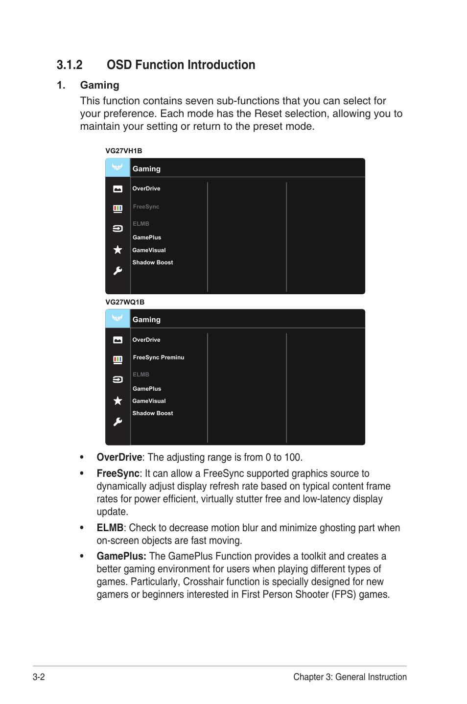 2 osd function introduction | Asus TUF Gaming VG27VH1B 27" 165 Hz Curved Monitor User Manual | Page 17 / 28