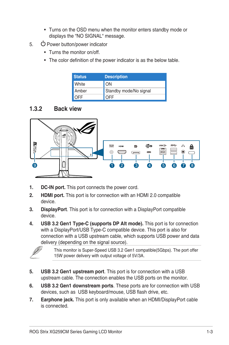 2 back view, Back view -3 | Asus ROG Strix XG259CM 24.5" HDR 240 Hz Gaming Monitor User Manual | Page 11 / 33