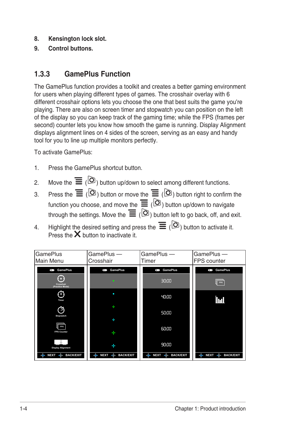 3 gameplus function, Gameplus function -4, Kensington lock slot. 9. control buttons | Asus ROG Strix XG259CM 24.5" HDR 240 Hz Gaming Monitor User Manual | Page 12 / 33