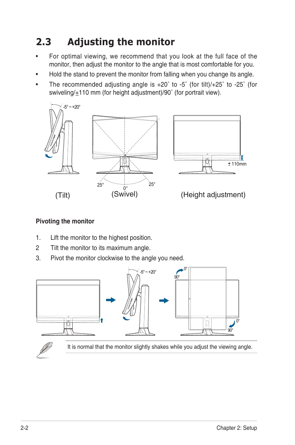 3 adjusting the monitor, Adjusting the monitor -2, Tilt) (swivel) (height adjustment) | Asus ROG Strix XG259CM 24.5" HDR 240 Hz Gaming Monitor User Manual | Page 16 / 33