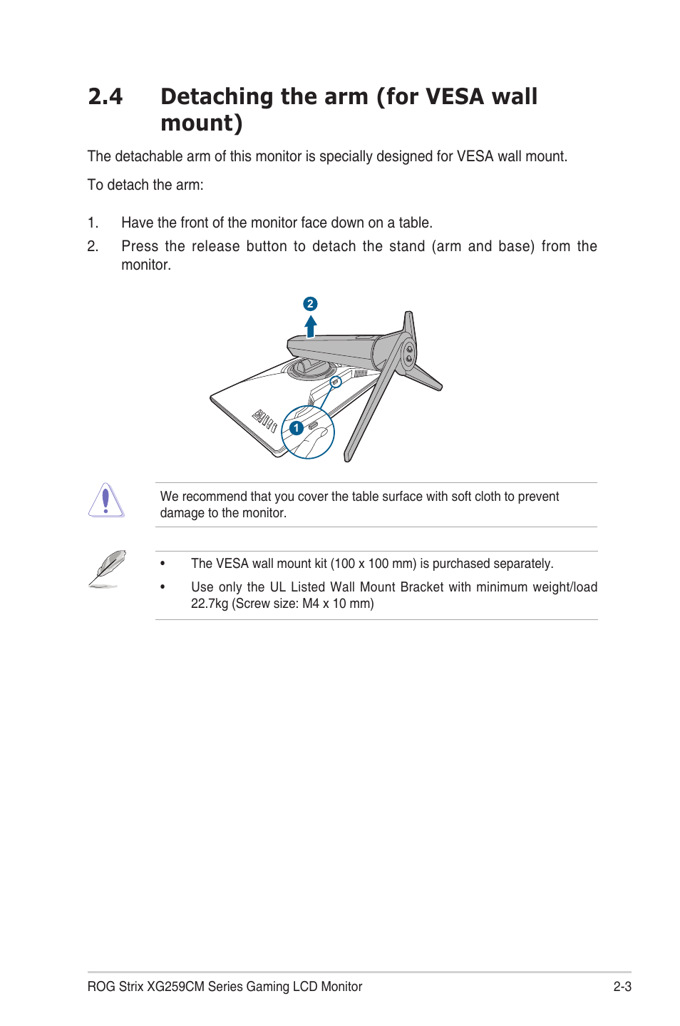 4 detaching the arm (for vesa wall mount), Detaching the arm (for vesa wall mount) -3 | Asus ROG Strix XG259CM 24.5" HDR 240 Hz Gaming Monitor User Manual | Page 17 / 33