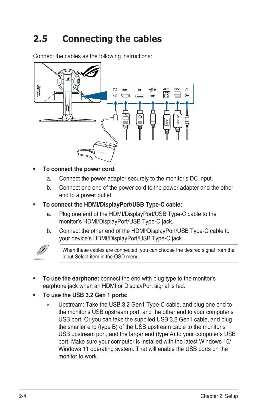 5 connecting the cables, Connecting the cables -4 | Asus ROG Strix XG259CM 24.5" HDR 240 Hz Gaming Monitor User Manual | Page 18 / 33