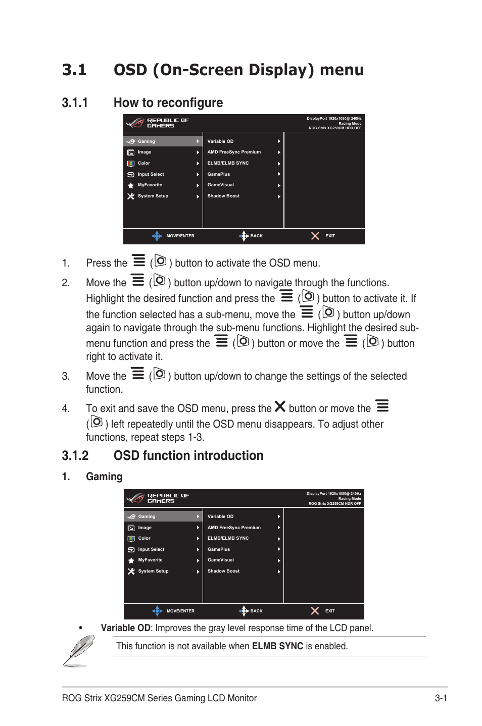 Chapter 3: general instructions, 1 osd (on-screen display) menu, 1 how to reconfigure | 2 osd function introduction, Osd (on-screen display) menu -1, How to reconfigure, Osd function introduction -1, Gaming, 1 rog strix xg259cm series gaming lcd monitor | Asus ROG Strix XG259CM 24.5" HDR 240 Hz Gaming Monitor User Manual | Page 21 / 33