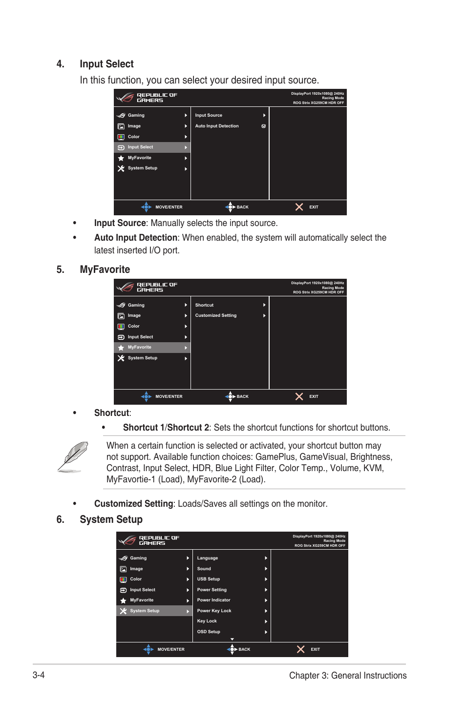 Myfavorite, System setup, 4 chapter 3: general instructions | Asus ROG Strix XG259CM 24.5" HDR 240 Hz Gaming Monitor User Manual | Page 24 / 33
