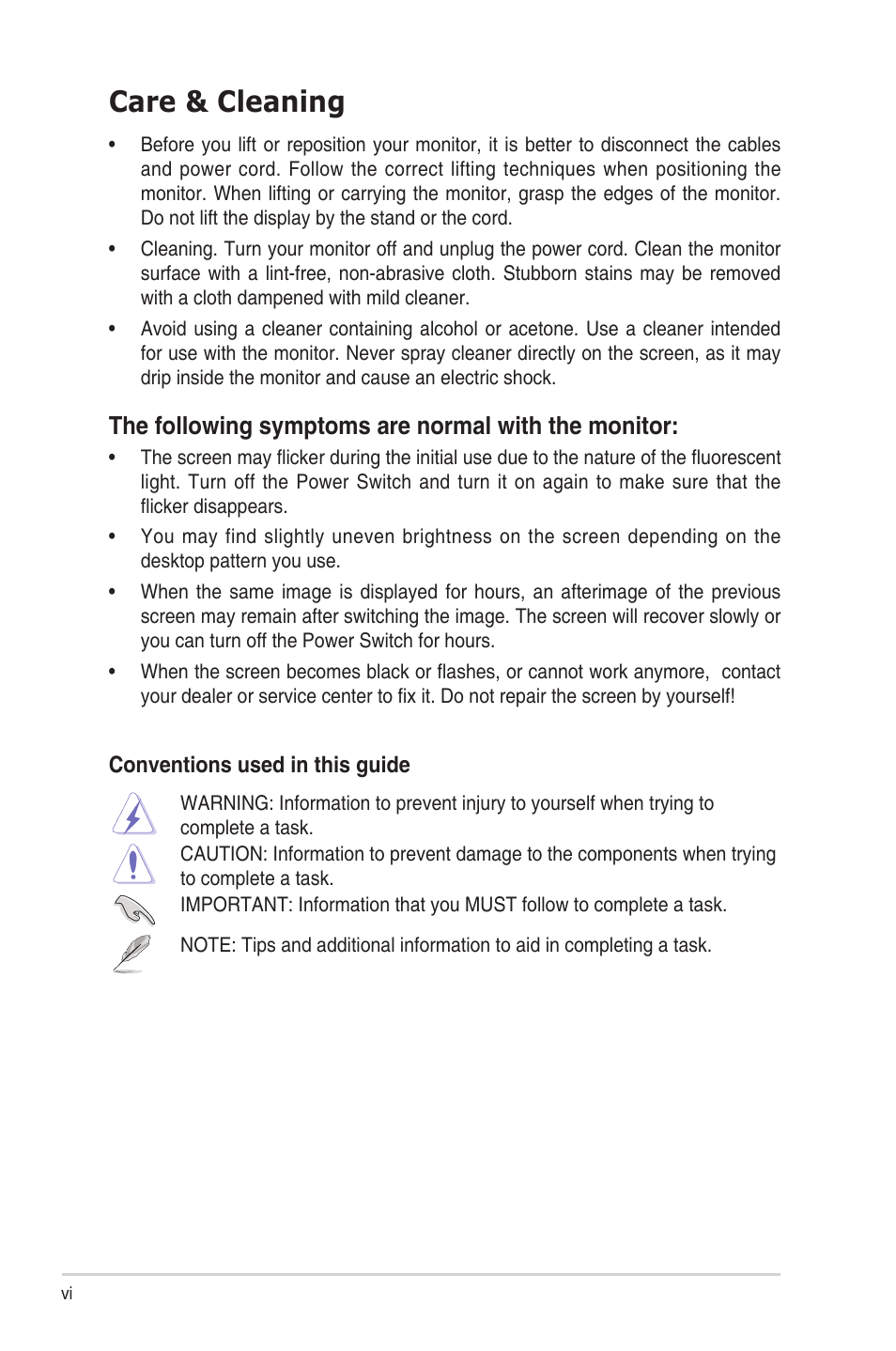 Care & cleaning, The following symptoms are normal with the monitor | Asus ROG Strix XG259CM 24.5" HDR 240 Hz Gaming Monitor User Manual | Page 6 / 33