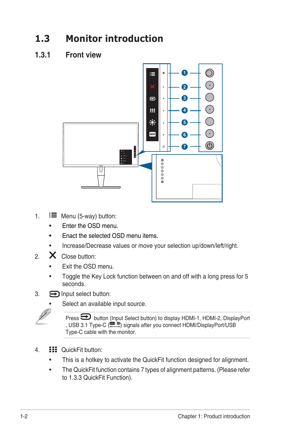 3 monitor introduction, 1 front view, Monitor introduction -2 | Front view -2 | Asus ProArt Display PA27UCX-K 27" 16:9 4K HDR IPS Monitor User Manual | Page 10 / 37