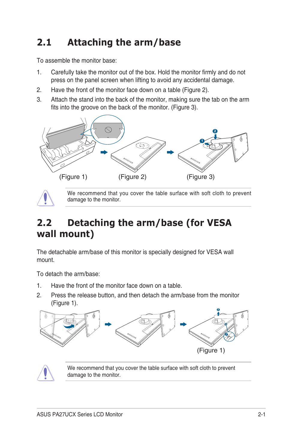 Chapter 2: setup, 1 attaching the arm/base, 2 detaching the arm/base (for vesa wall mount) | Attaching the arm/base -1, Detaching the arm/base (for vesa wall mount) -1 | Asus ProArt Display PA27UCX-K 27" 16:9 4K HDR IPS Monitor User Manual | Page 15 / 37