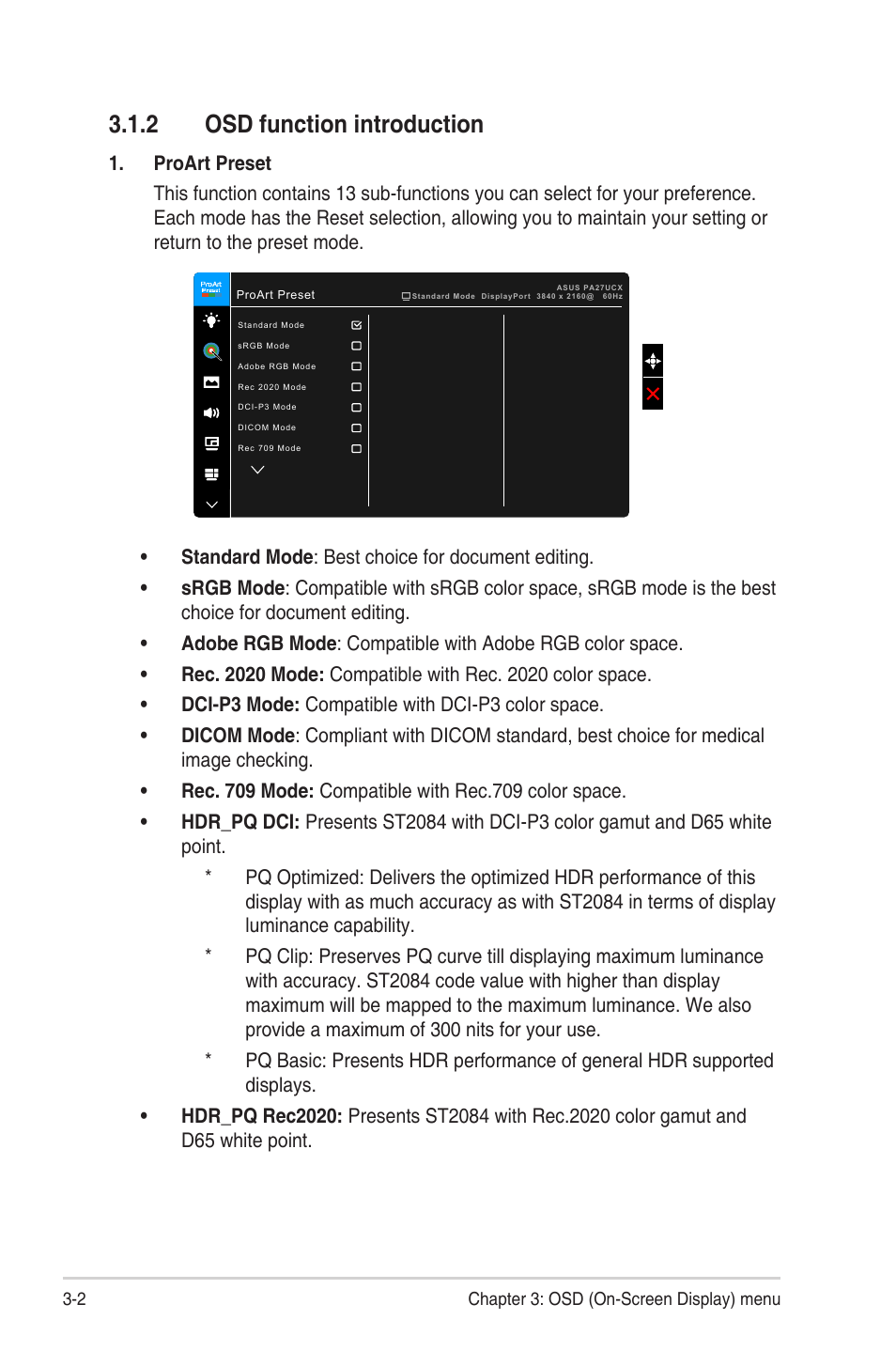2 osd function introduction, Osd function introduction -2 | Asus ProArt Display PA27UCX-K 27" 16:9 4K HDR IPS Monitor User Manual | Page 22 / 37