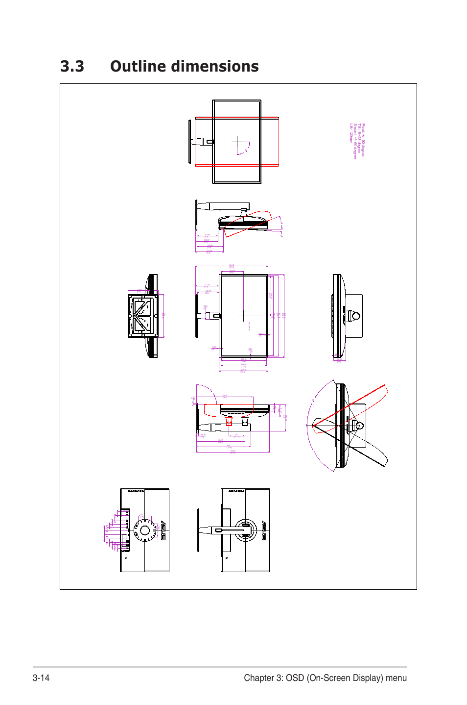 3 outline dimensions, Outline dimensions -14, 14 chapter 3: osd (on-screen display) menu | Asus ProArt Display PA27UCX-K 27" 16:9 4K HDR IPS Monitor User Manual | Page 34 / 37