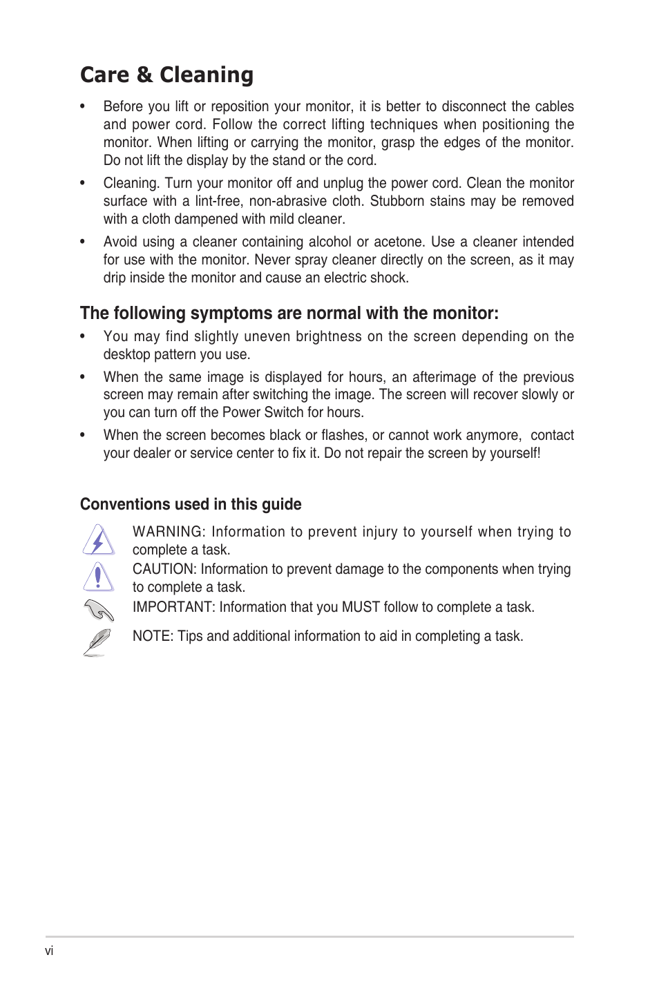 Care & cleaning, The following symptoms are normal with the monitor | Asus ProArt Display PA27UCX-K 27" 16:9 4K HDR IPS Monitor User Manual | Page 6 / 37