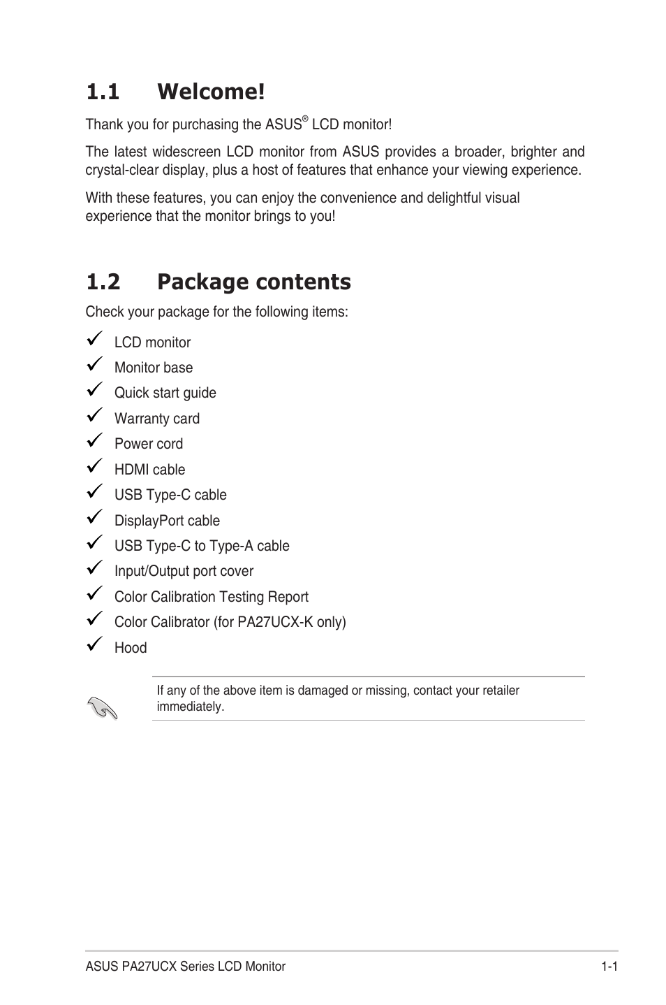 Chapter 1: product introduction, 1 welcome, 2 package contents | Welcome! -1, Package contents -1 | Asus ProArt Display PA27UCX-K 27" 16:9 4K HDR IPS Monitor User Manual | Page 9 / 37