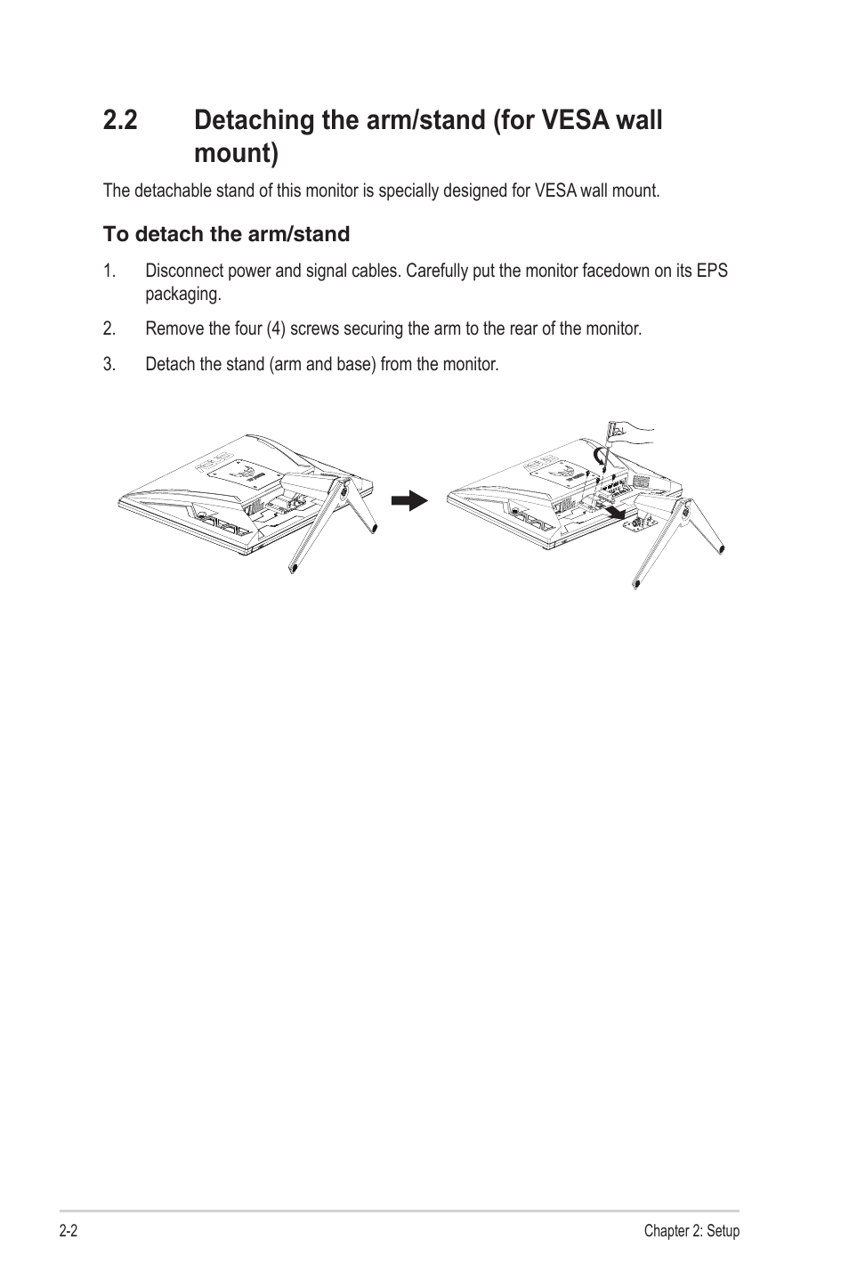 2 detaching the arm/stand (for vesa wall mount) | Asus TUF Gaming VG277Q1A 27" 165 Hz Gaming Monitor User Manual | Page 14 / 24