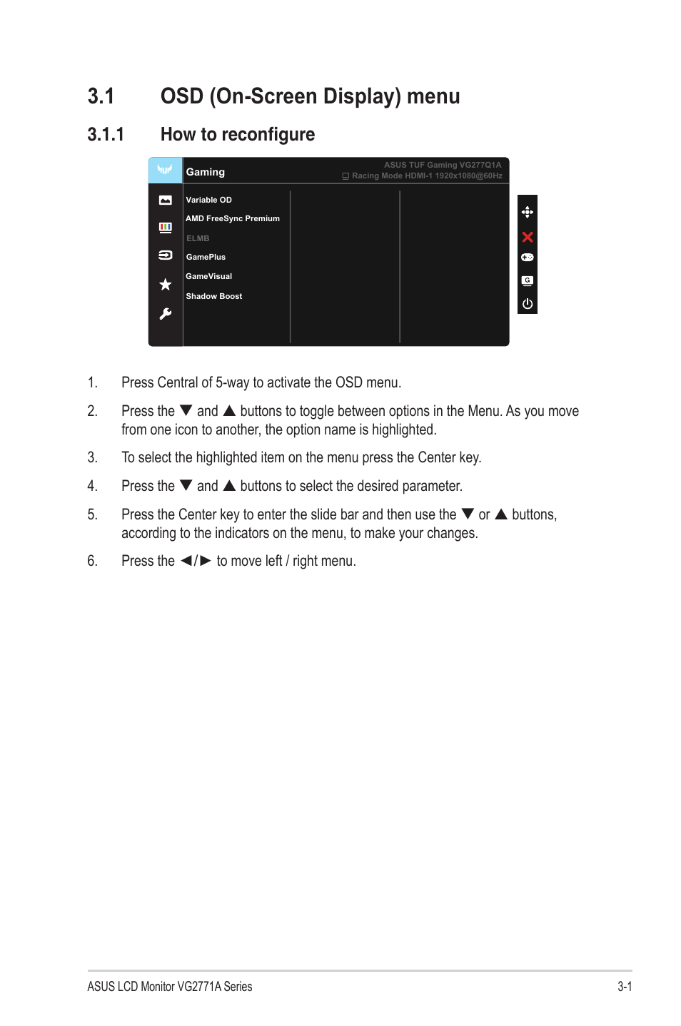 1 osd (on-screen display) menu, 1 how to reconfigure | Asus TUF Gaming VG277Q1A 27" 165 Hz Gaming Monitor User Manual | Page 16 / 24