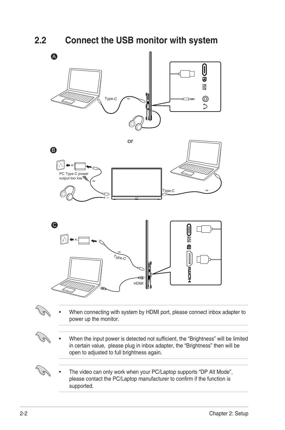 2 connect the usb monitor with system, Connect the usb monitor with system -2 | Asus ZenScreen MB17AHG 17.3" 144 Hz Portable Monitor User Manual | Page 13 / 27